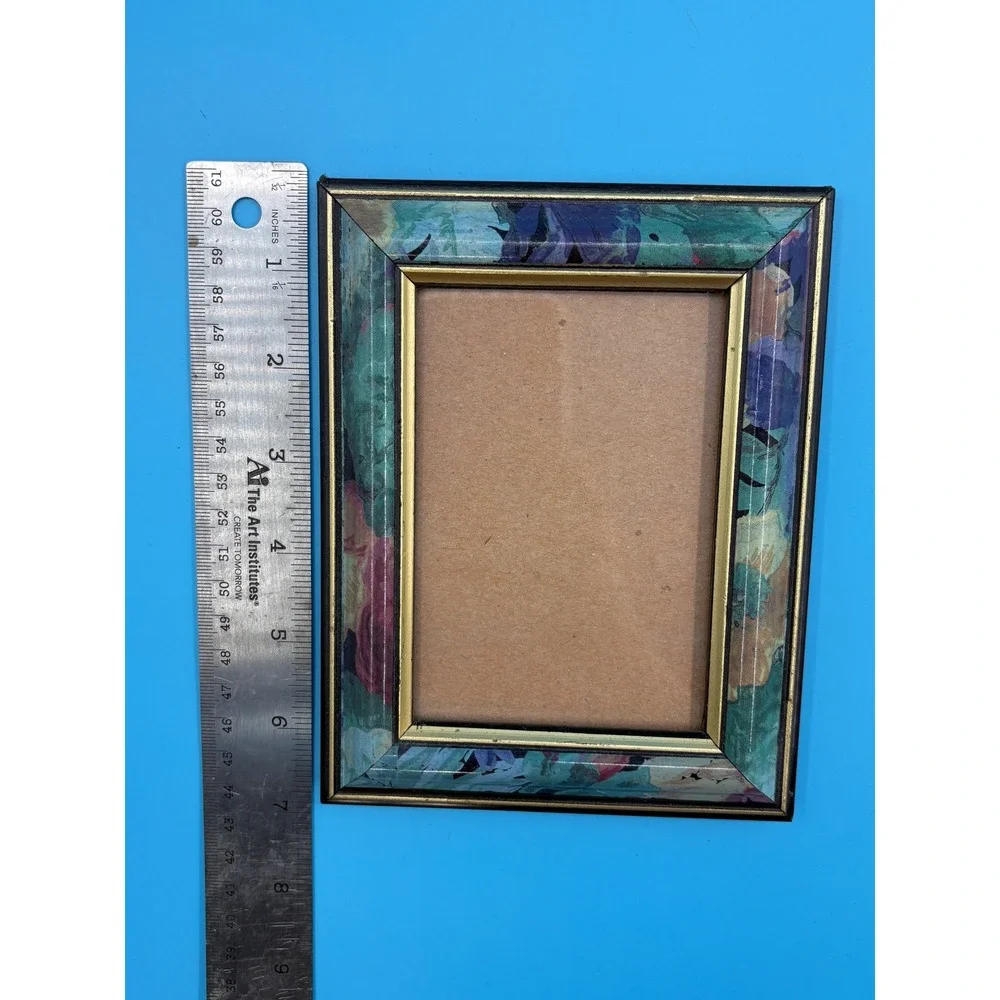 Vintage 1980s Teal Floral Picture Frame 4x6 Impressionist Lacquer Gold Trim